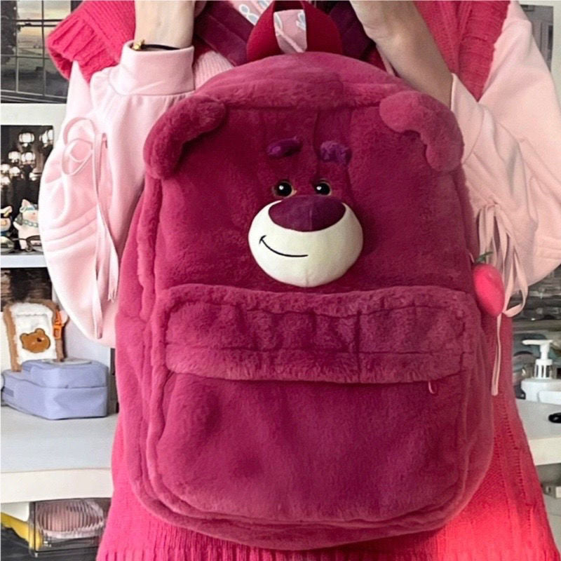 
            
                Load image into Gallery viewer, Lotso Style Plush Strawberry Bear Backpack
            
        