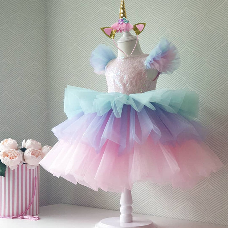
            
                Load image into Gallery viewer, Girls Rainbow Unicorn Princess Dress
            
        